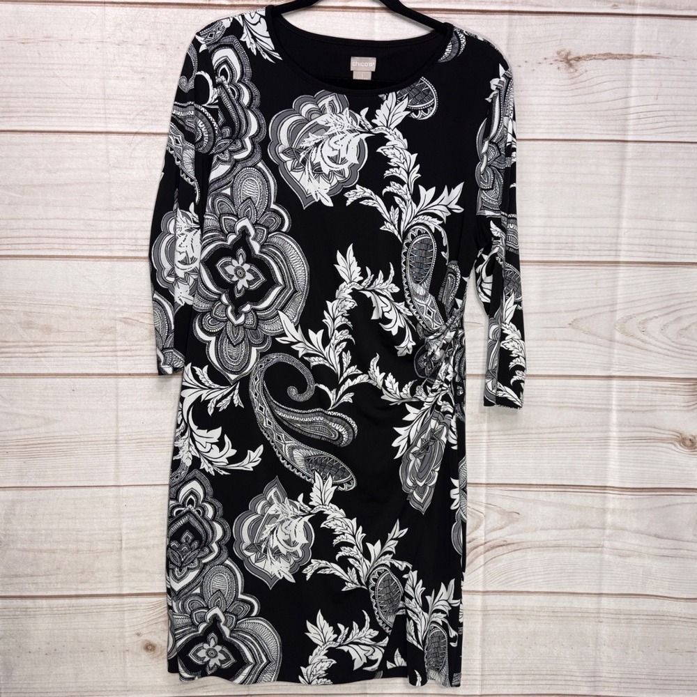 Chico's Sheath Dress Womens 1 Size 8/10 Black Paisley Floral Excellent Ruched